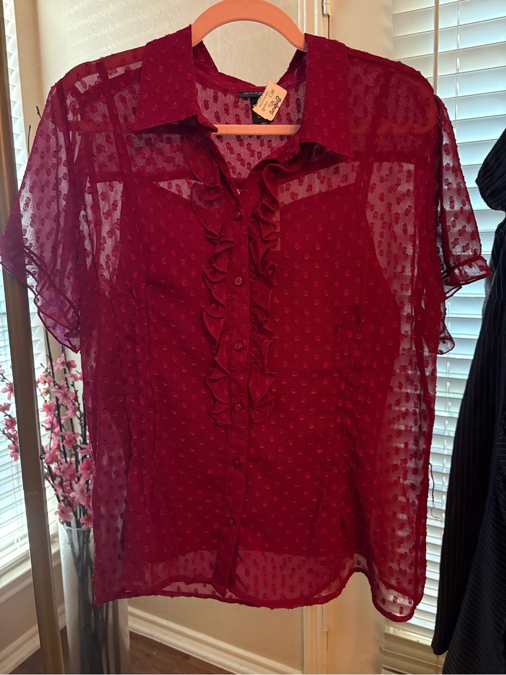 89th & Madison Red Ruffled Swiss Dot Blouse